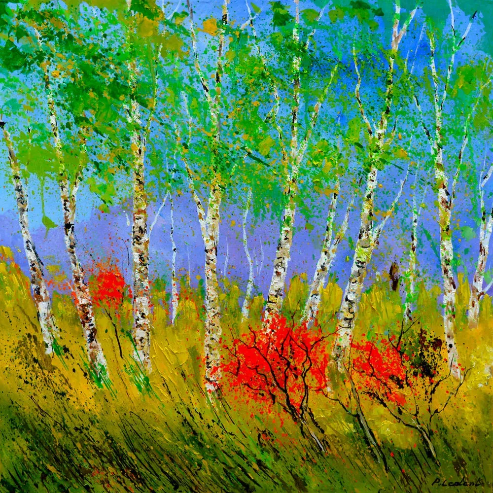 Tableau paysage bouleaux et coquelicots imprimé sur toile 80x80 cm