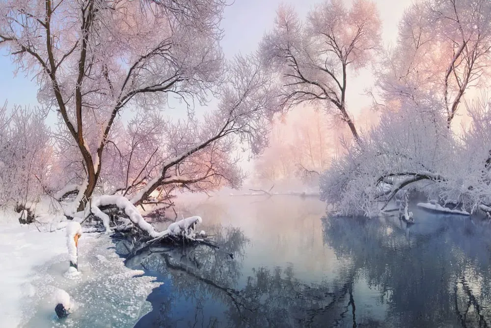 Tableau paysage lac de Noël imprimé sur toile 90x60 cm