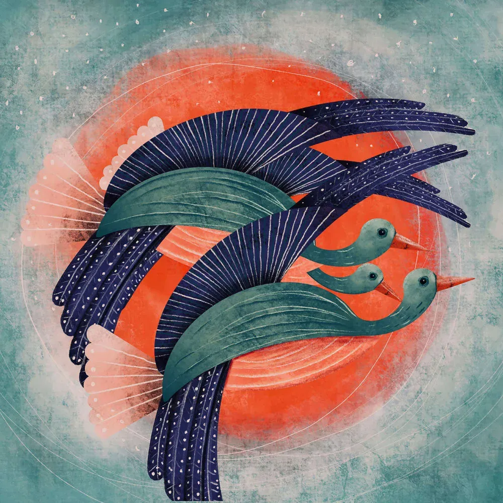 Tableau oiseau lyre et soleil rouge imprimé sur toile 80x80 cm