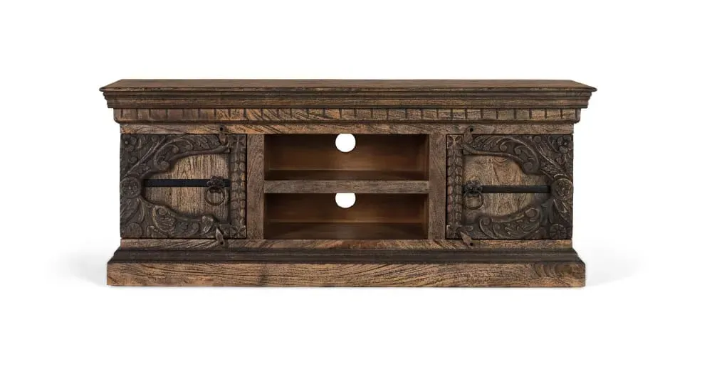 Meuble TV en bois de manguier massif avec deux portes et deux étagères