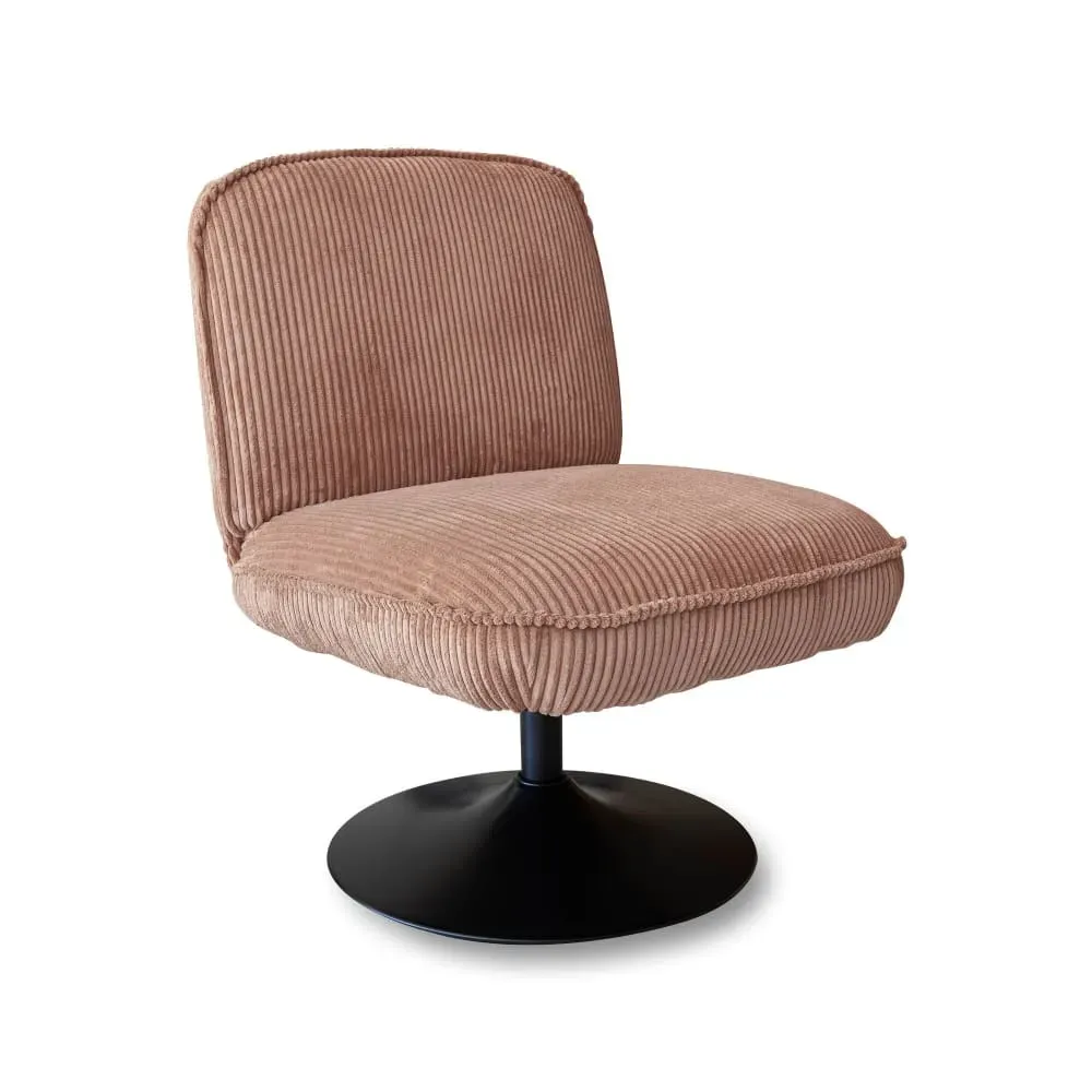 Fauteuil pivotant en velours rose et pied en métal noir