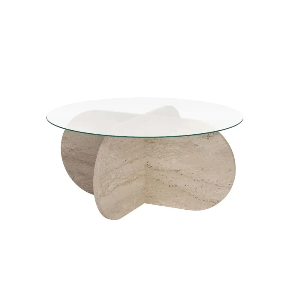 Table basse pieds croisés et plateau en verre D75 cm - Effet Travertin