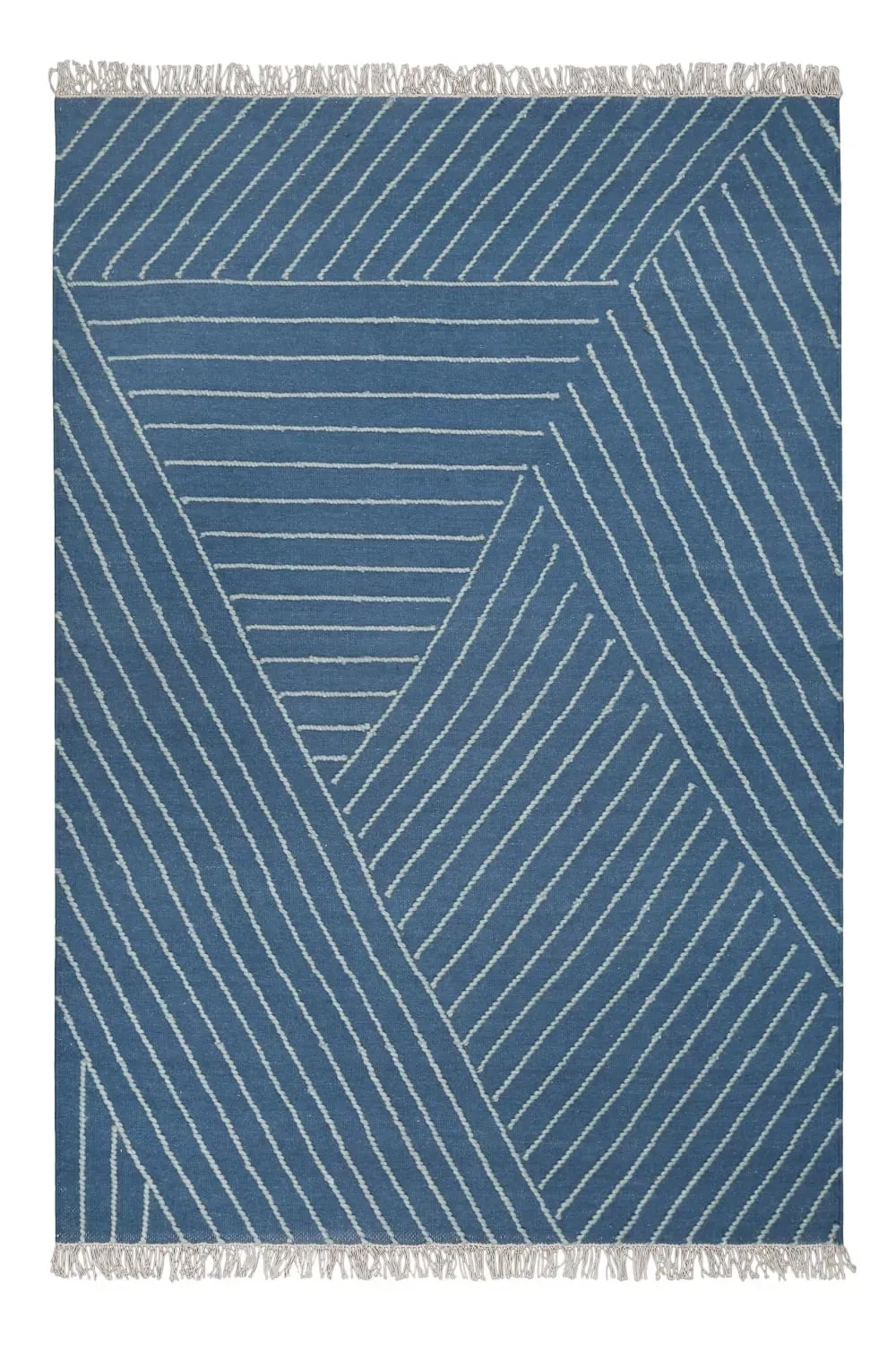 Tapis tissé main pure laine vierge bleu à franges 140x200