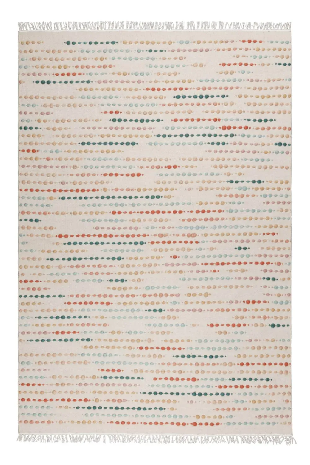 Tapis tissé main pure laine vierge à franges et multicolore 140x200