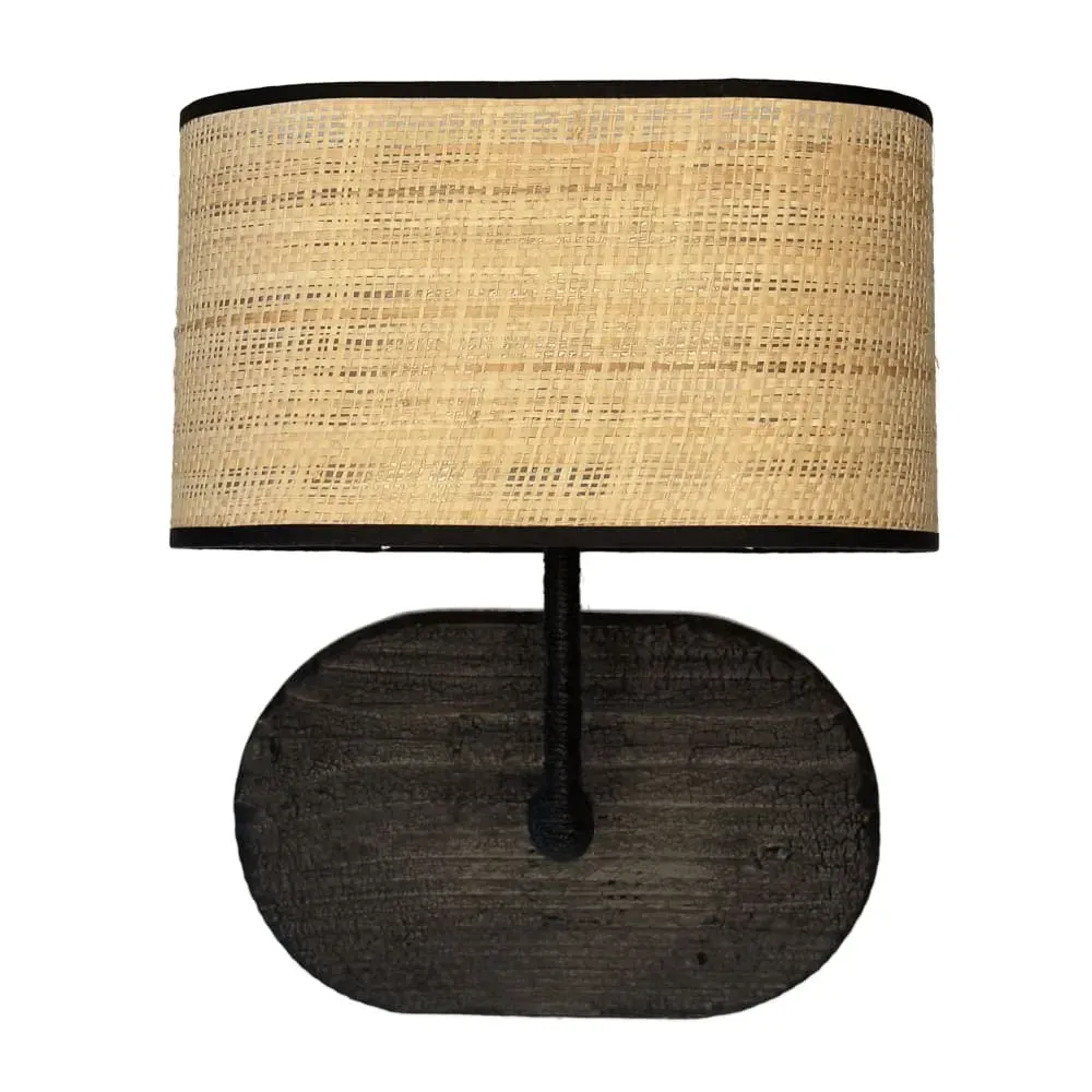 Applique en bois brûlé noir et abat-jour en rotin tressé H37