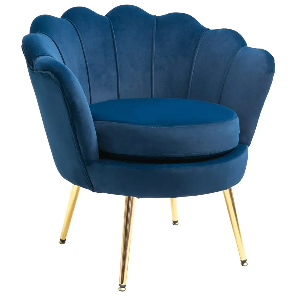 Fauteuil coquillage pieds métal doré velours bleu
