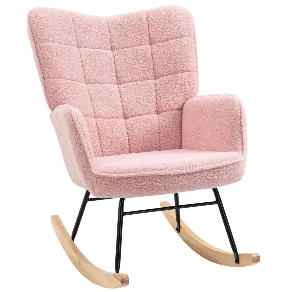 Fauteuil à bascule revêtement bouclette acier et bois massif rose