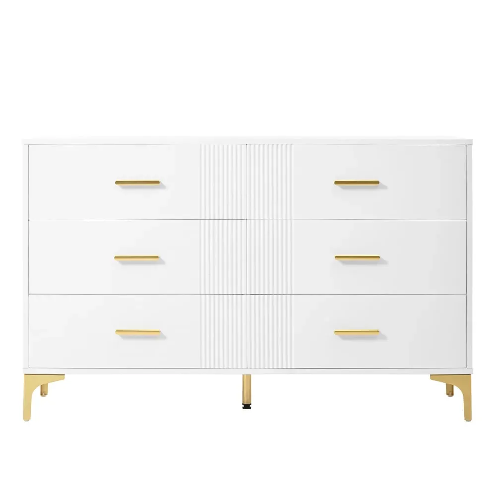 Commode blanche élégante à 6 tiroirs motif ondulé accents dorées