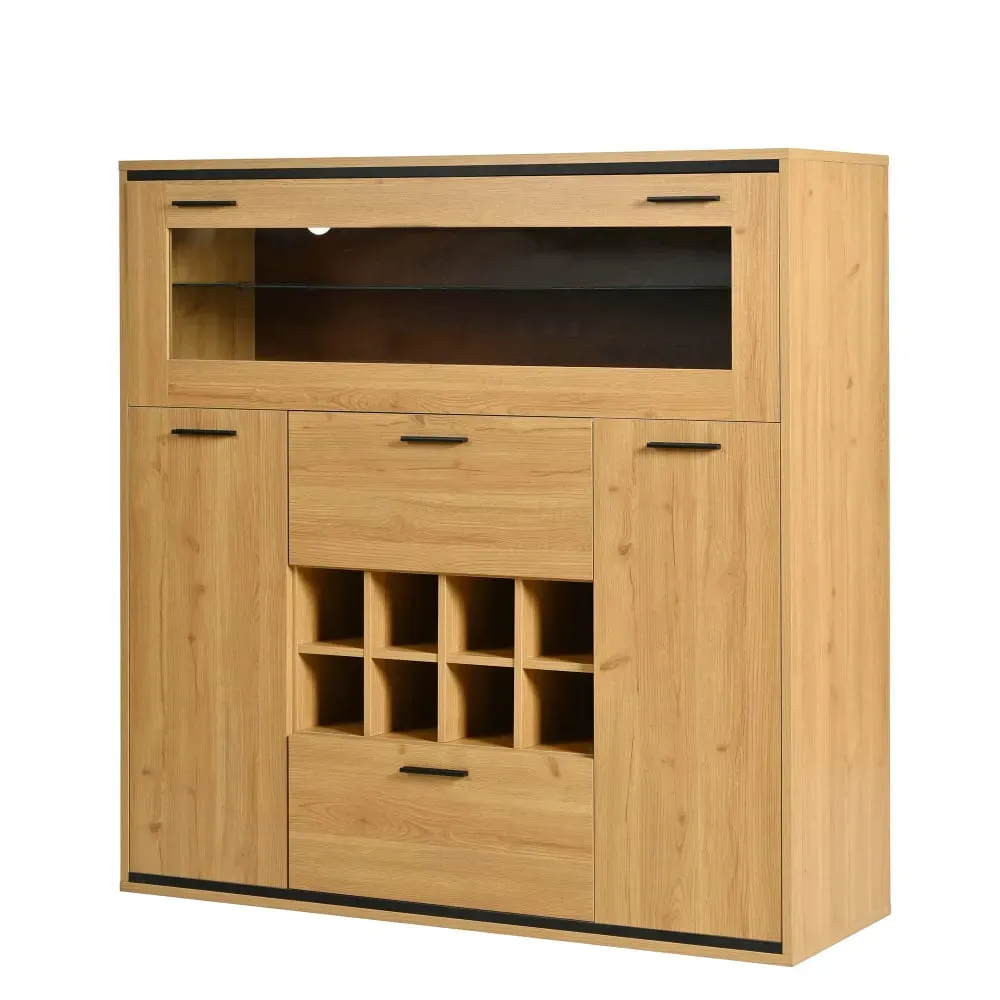 Buffet haut effet bois porte battante éclairage LED