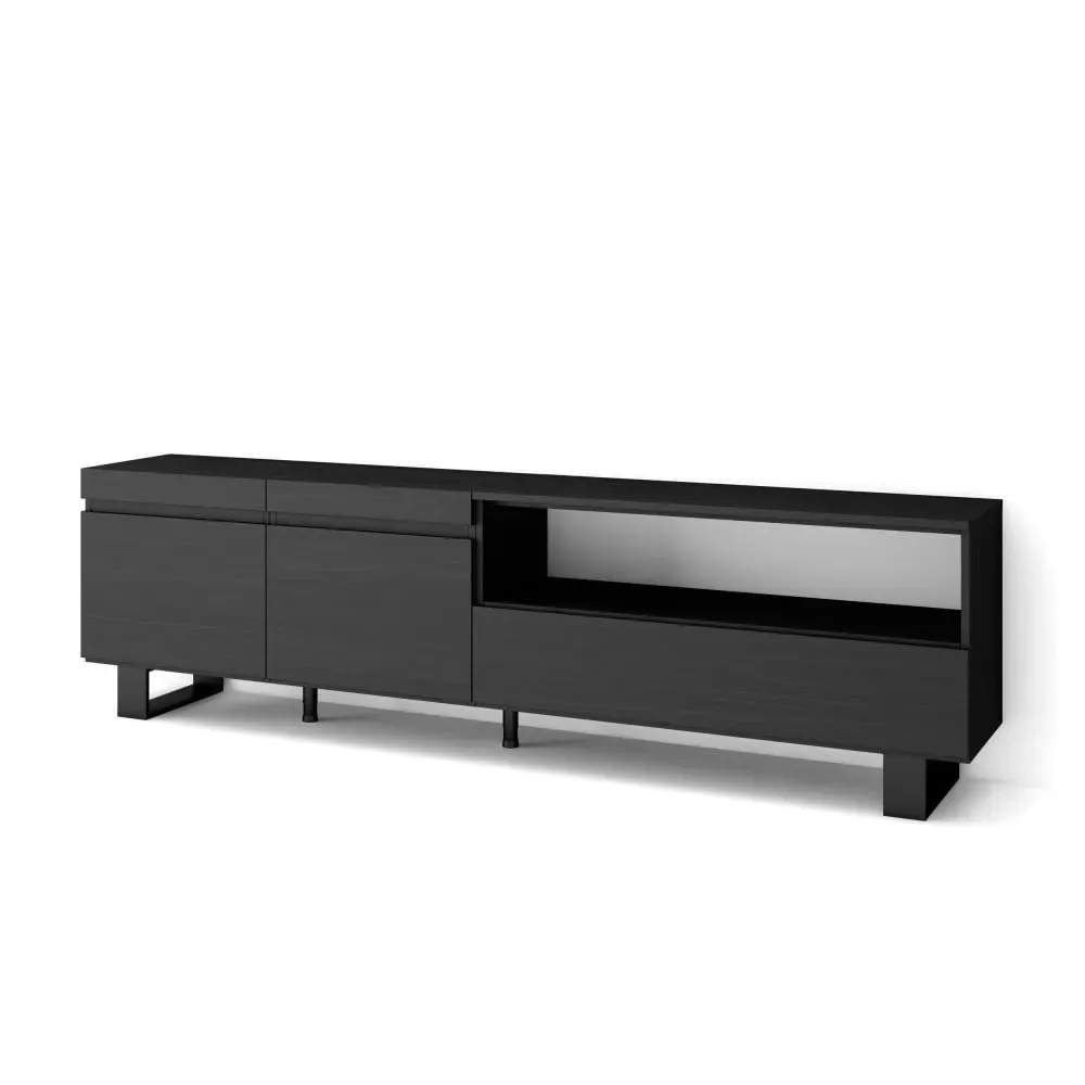 Meuble tv effet bois noir 200x35x57cm avec pieds
