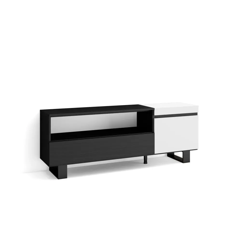 Meuble tv effet bois blanc et noir 150x35x57cm avec pieds