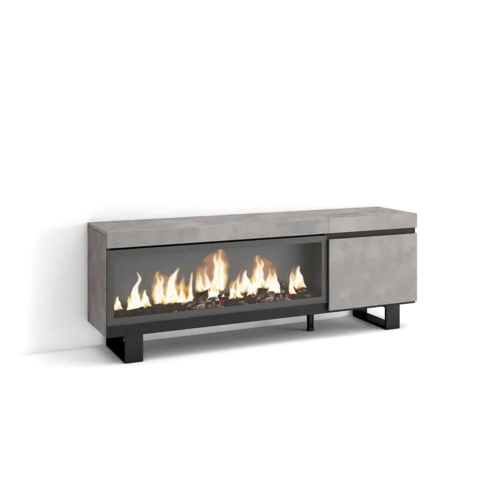 Meuble tv effet bois ciment 158x35x57cm cheminée effet feu XXL