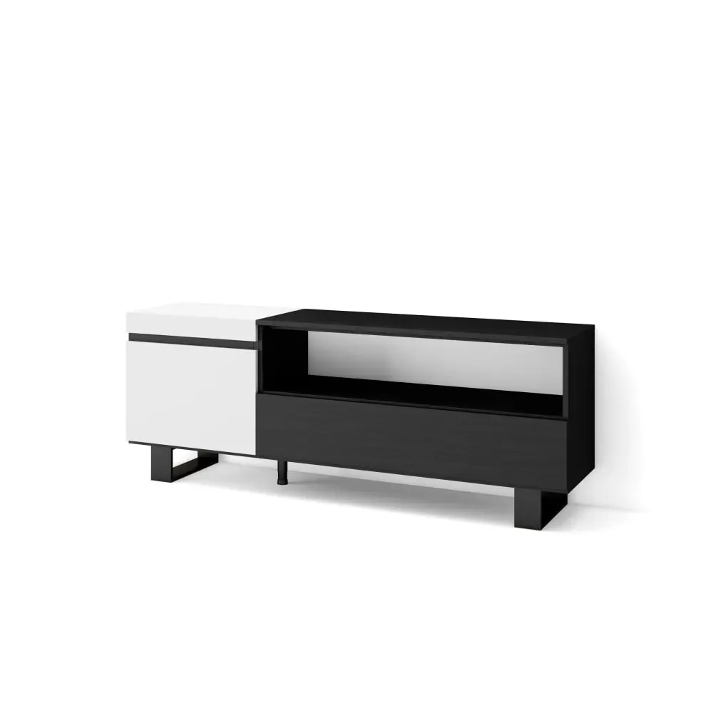 Meuble tv effet bois blanc et noir 150x35x57cm avec pieds