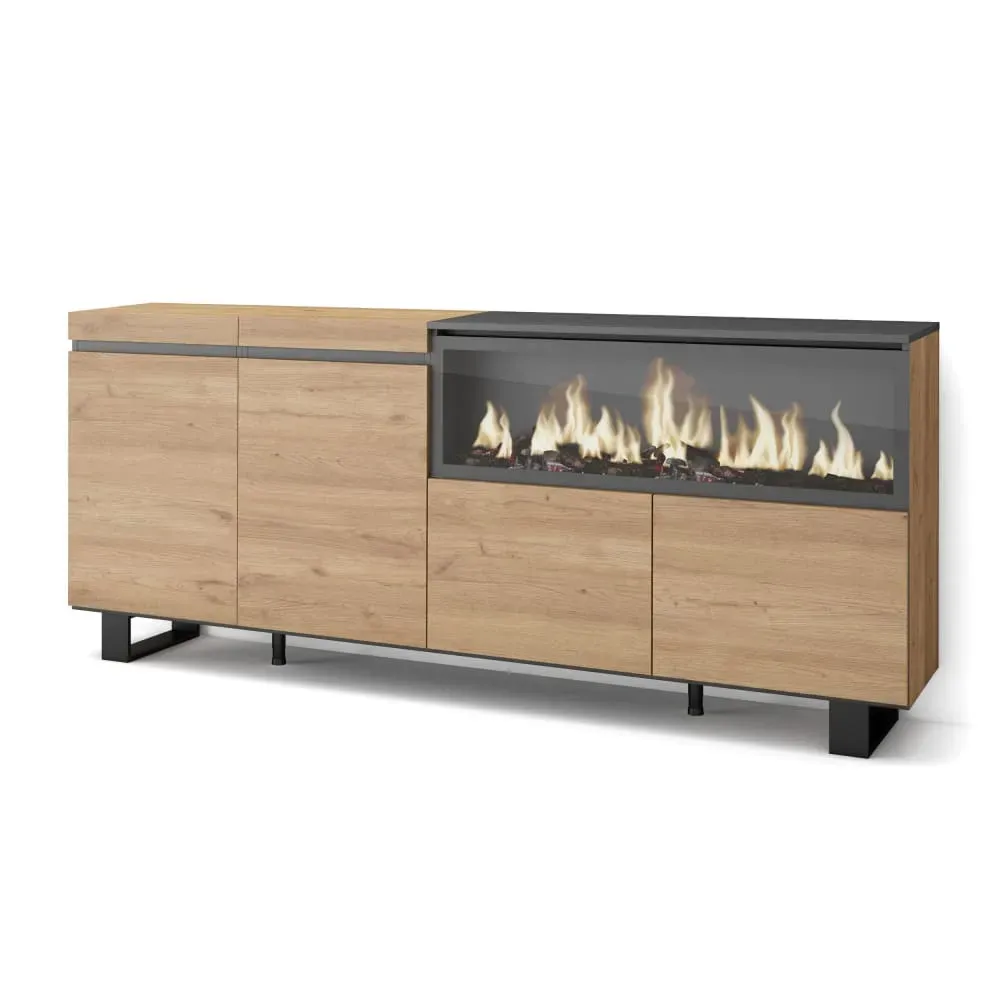 Buffet effet bois de chêne 208x35x87cm cheminée effet feu XXL