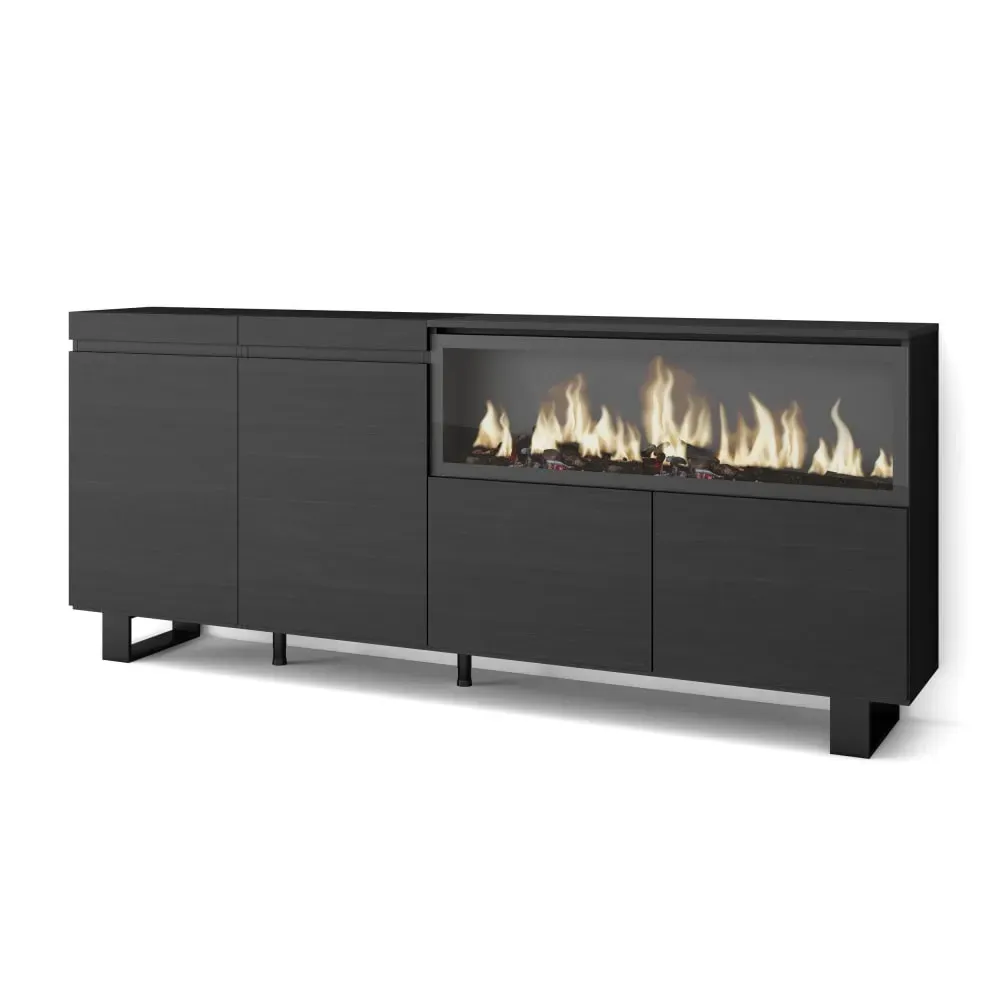 Buffet effet bois noir 208x35x87cm cheminée effet feu XXL