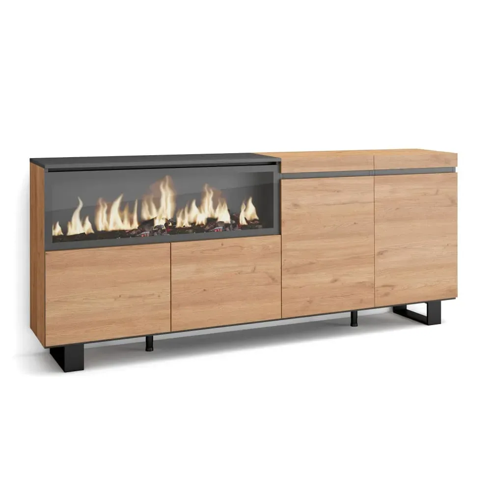 Buffet effet bois de chêne 208x35x87cm cheminée effet feu XXL