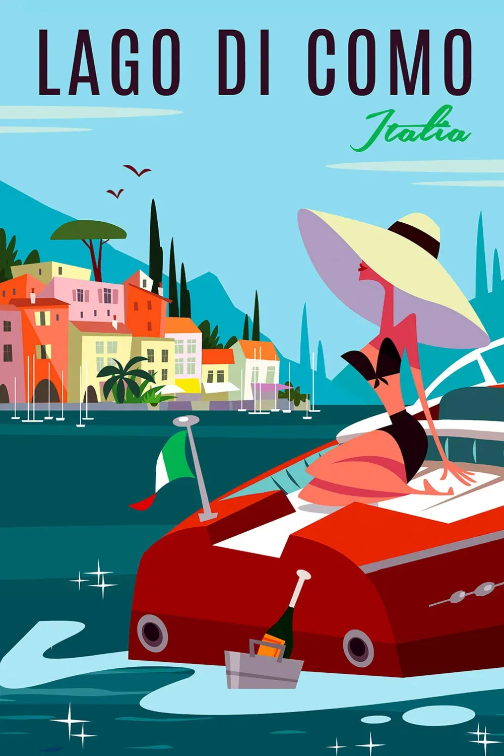 Tableau rétro lac de côme imprimé sur toile 40x60 cm