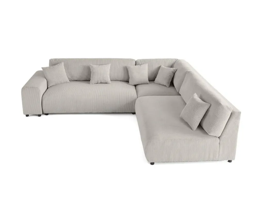 Canapé modulable 6 places angle droit en velours côtelé gris clair