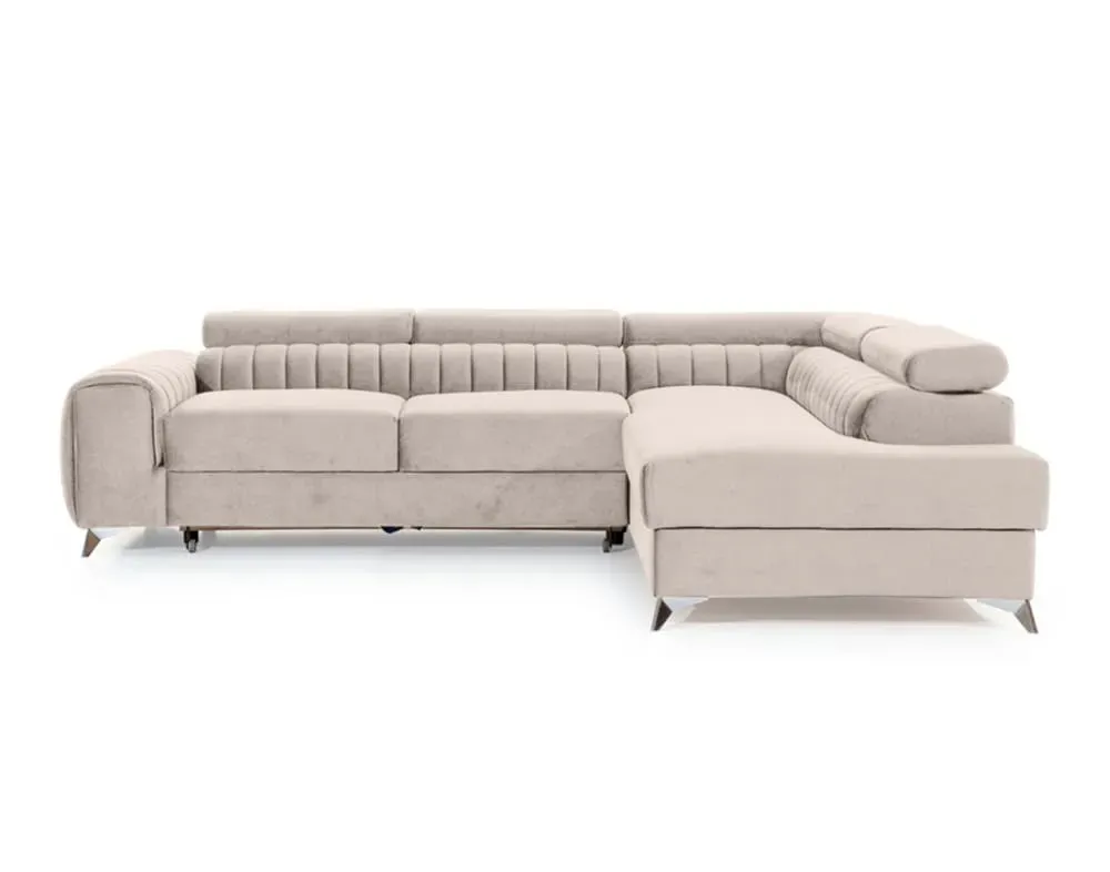 Canapé d'angle droit convertible 5 places en velours beige