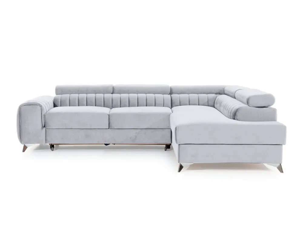 Canapé d'angle droit convertible 5 places en velours gris clair