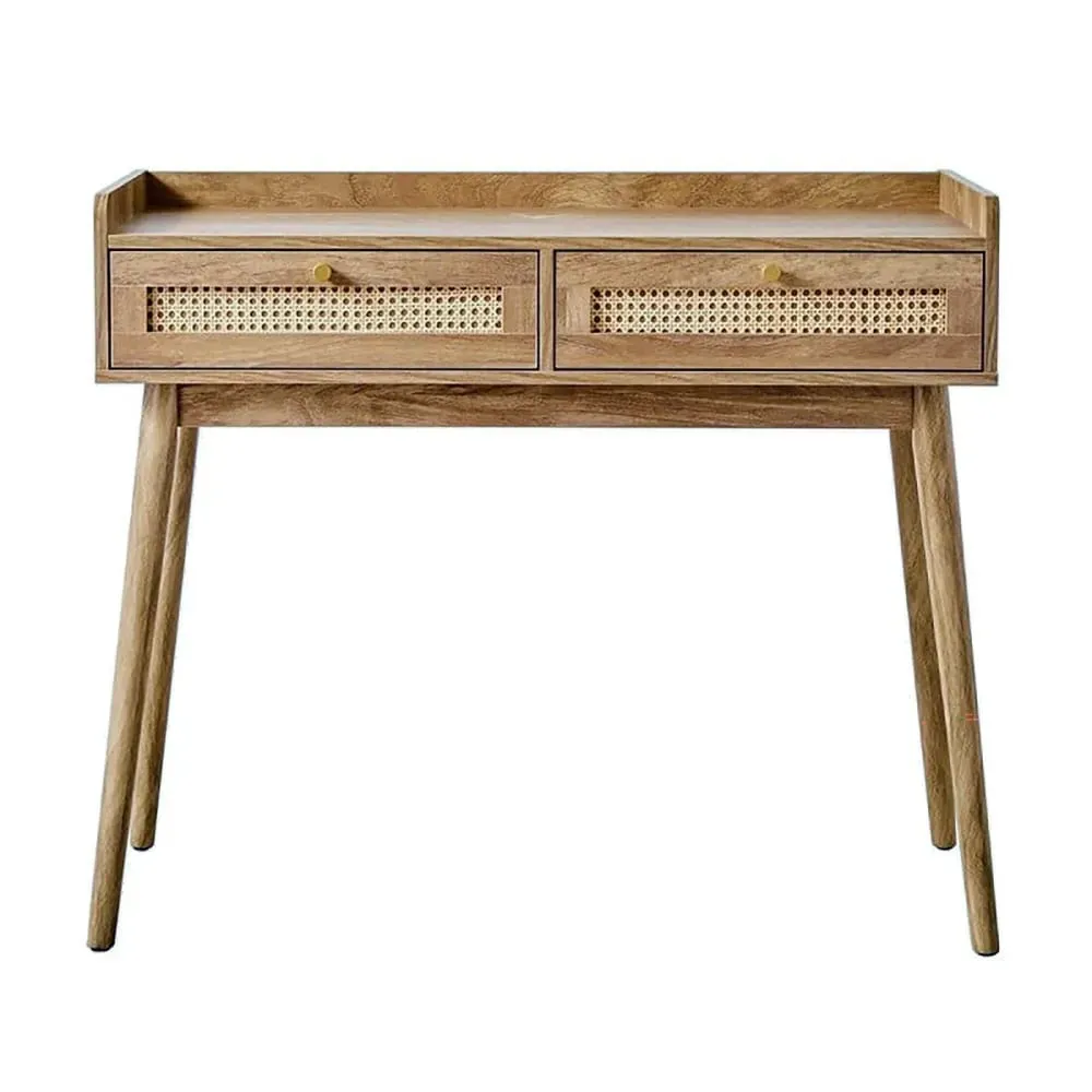 Console 2 tiroirs avec façades en rotin et pieds en bois L100 cm