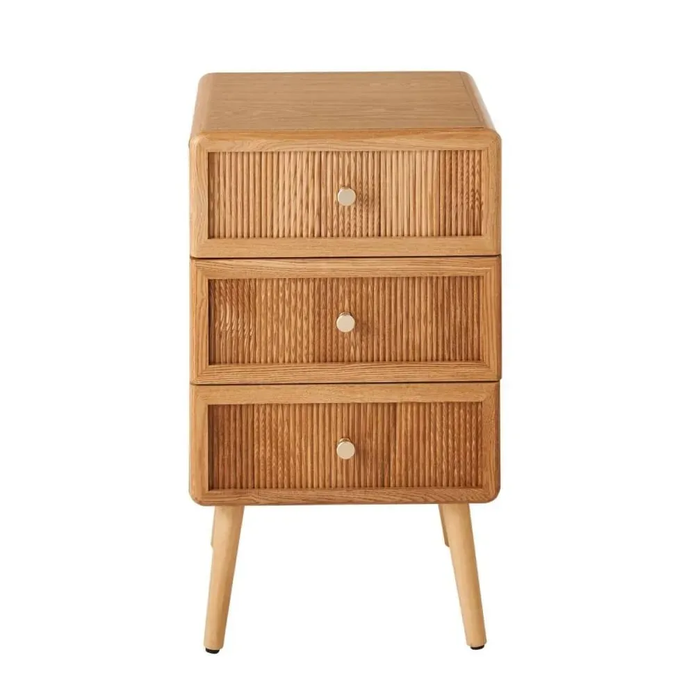 Chevet 3 tiroirs avec façades lamellées H71 cm - Effet Bois clair