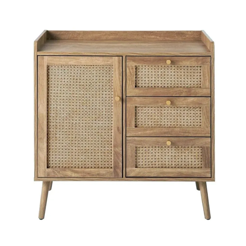 Commode 1 porte 3 tiroirs avec façades rotin et pieds en bois L80 cm