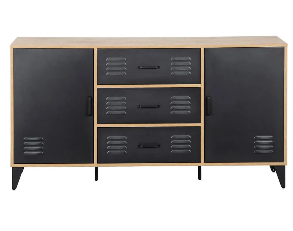Buffet bas 2 portes 3 tiroirs L140cm effet bois et noir