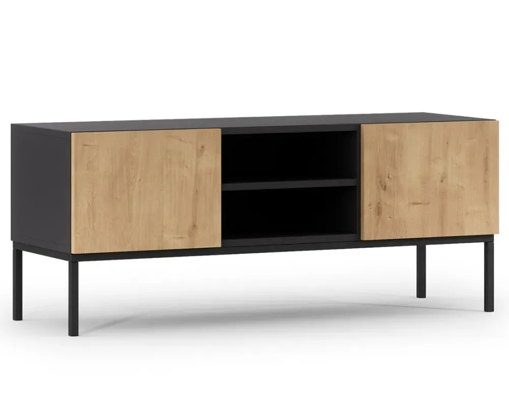 Meuble TV 2 portes effet 120cm bois et noir