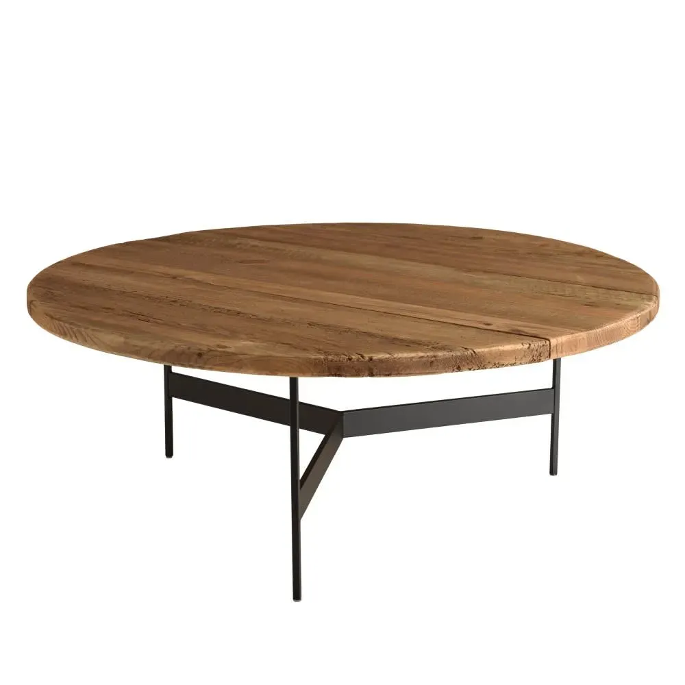Table basse ronde Pin recyclé et pieds métal noir D90