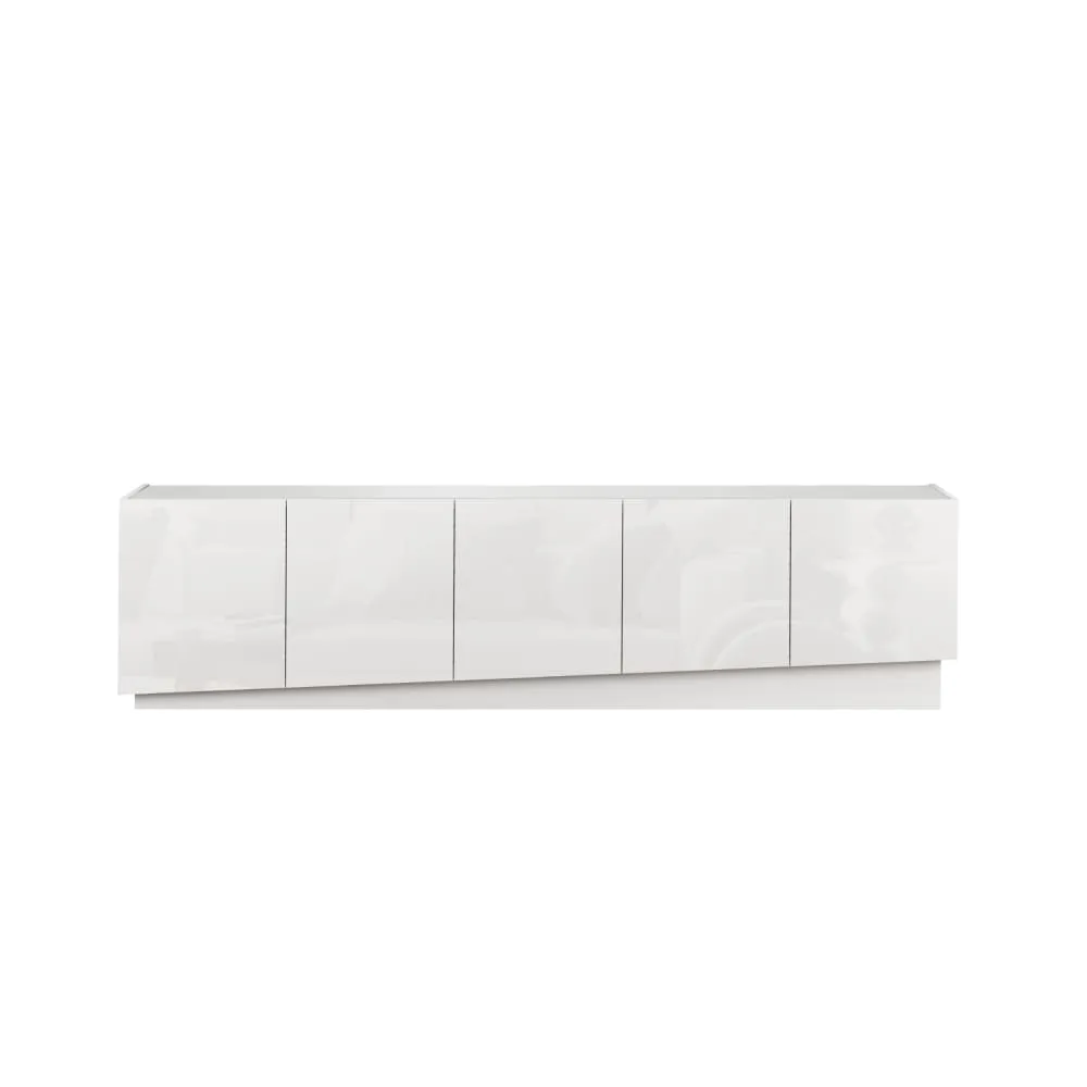 Meuble tv 5 portes 225 cm effet bois blanc brillant