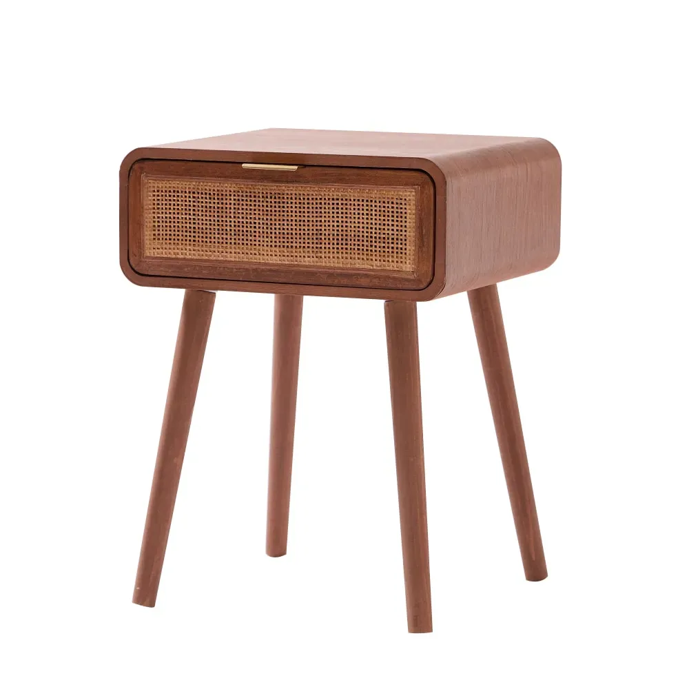 Table de chevet 1 tiroir en rotin et bois de noyer