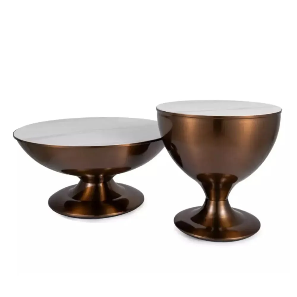 Ensemble 2 tables d'appoint métal marbre blanc 75x75x38cm