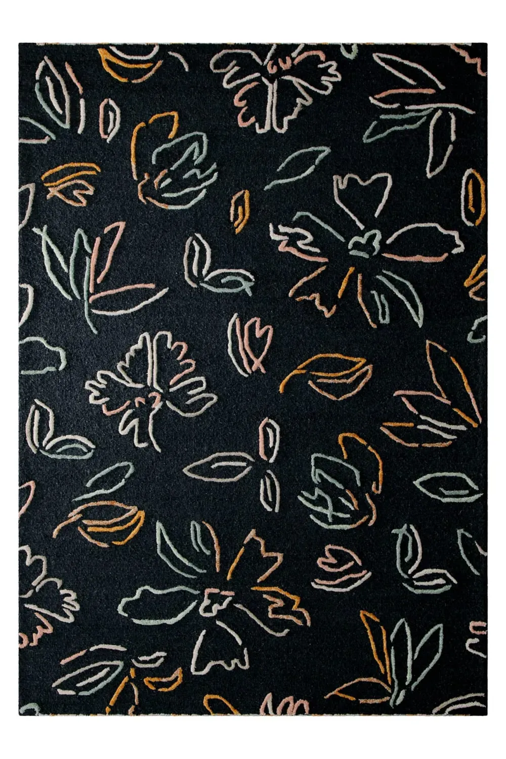 Tapis floral fait main pure laine,viscose, relief, anthracite 160x230