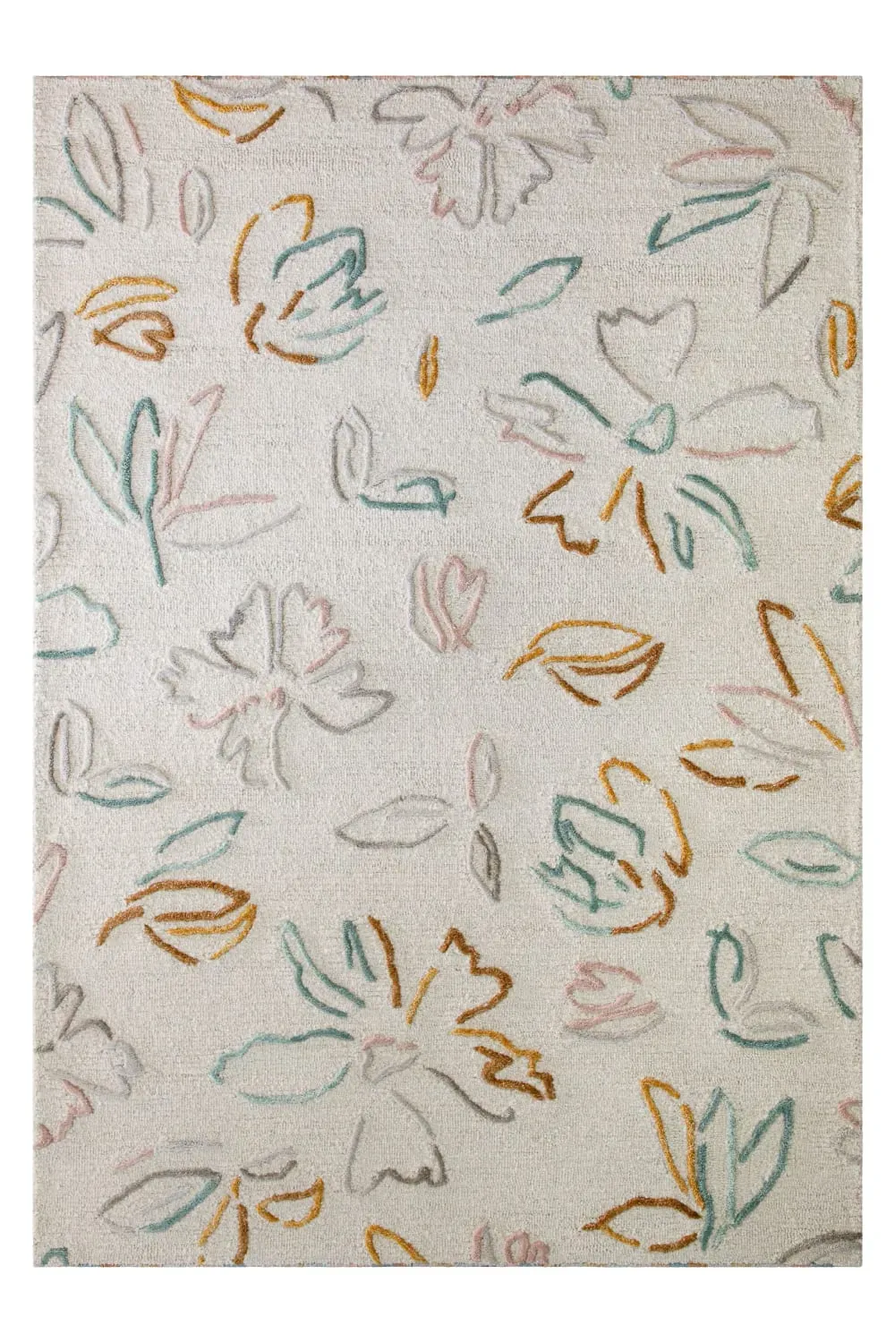 Tapis floral fait main pure laine,viscose, relief, blanc 160x230