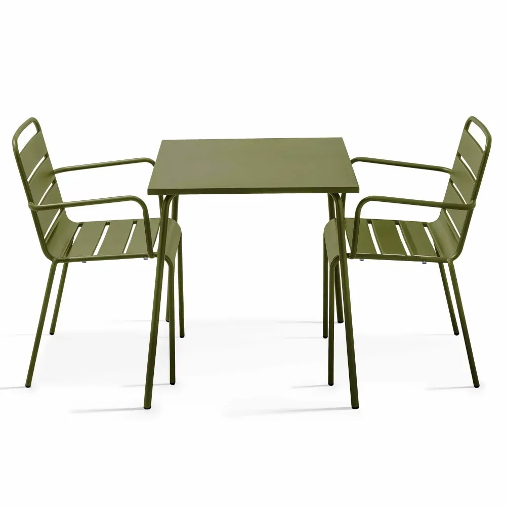 Ensemble table de jardin carrée et 2 fauteuils acier Vert Kaki