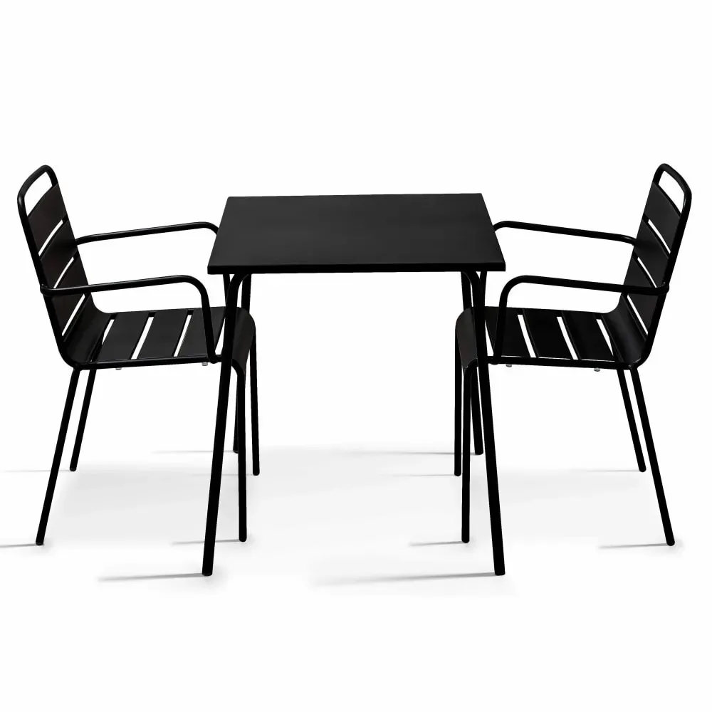 Ensemble table de jardin carrée et 2 fauteuils acier Noir