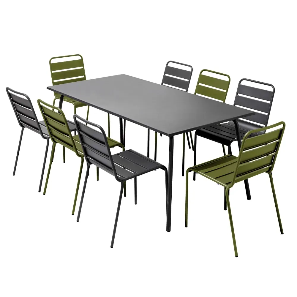 Ensemble table de jardin et 8 chaises en métal gris et vert kaki