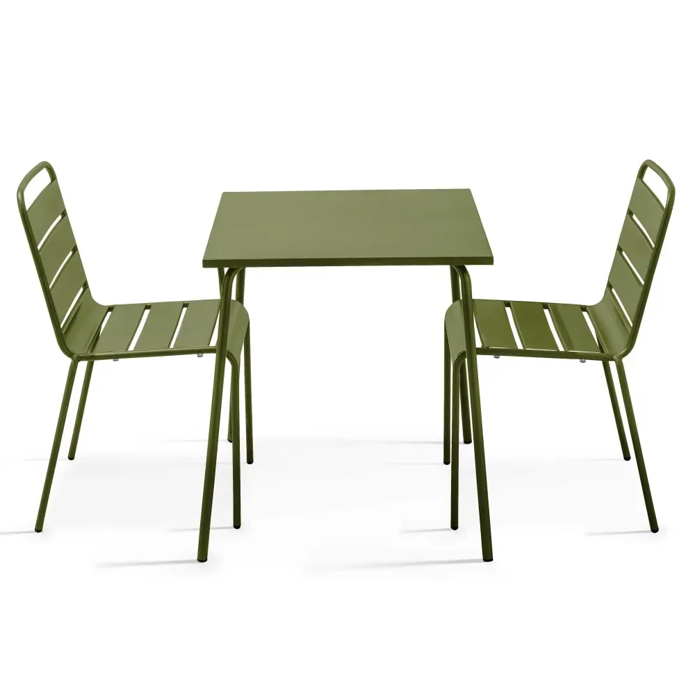 Ensemble table de jardin carrée et 2 chaises Vert Kaki