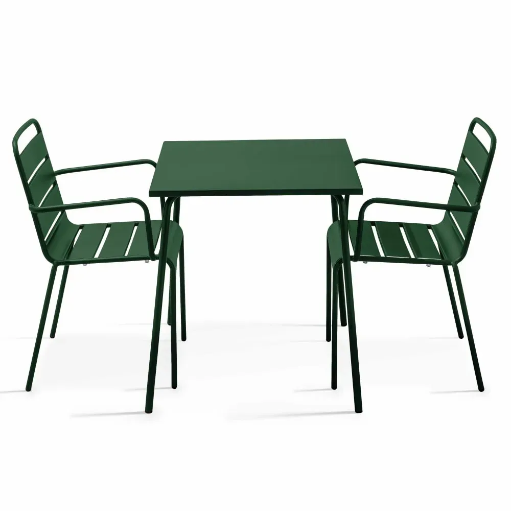Ensemble table de jardin carrée et 2 fauteuils acier Vert forêt