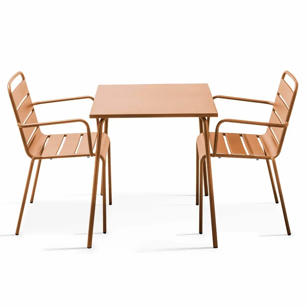 Ensemble table de jardin carrée et 2 fauteuils acier Caramel