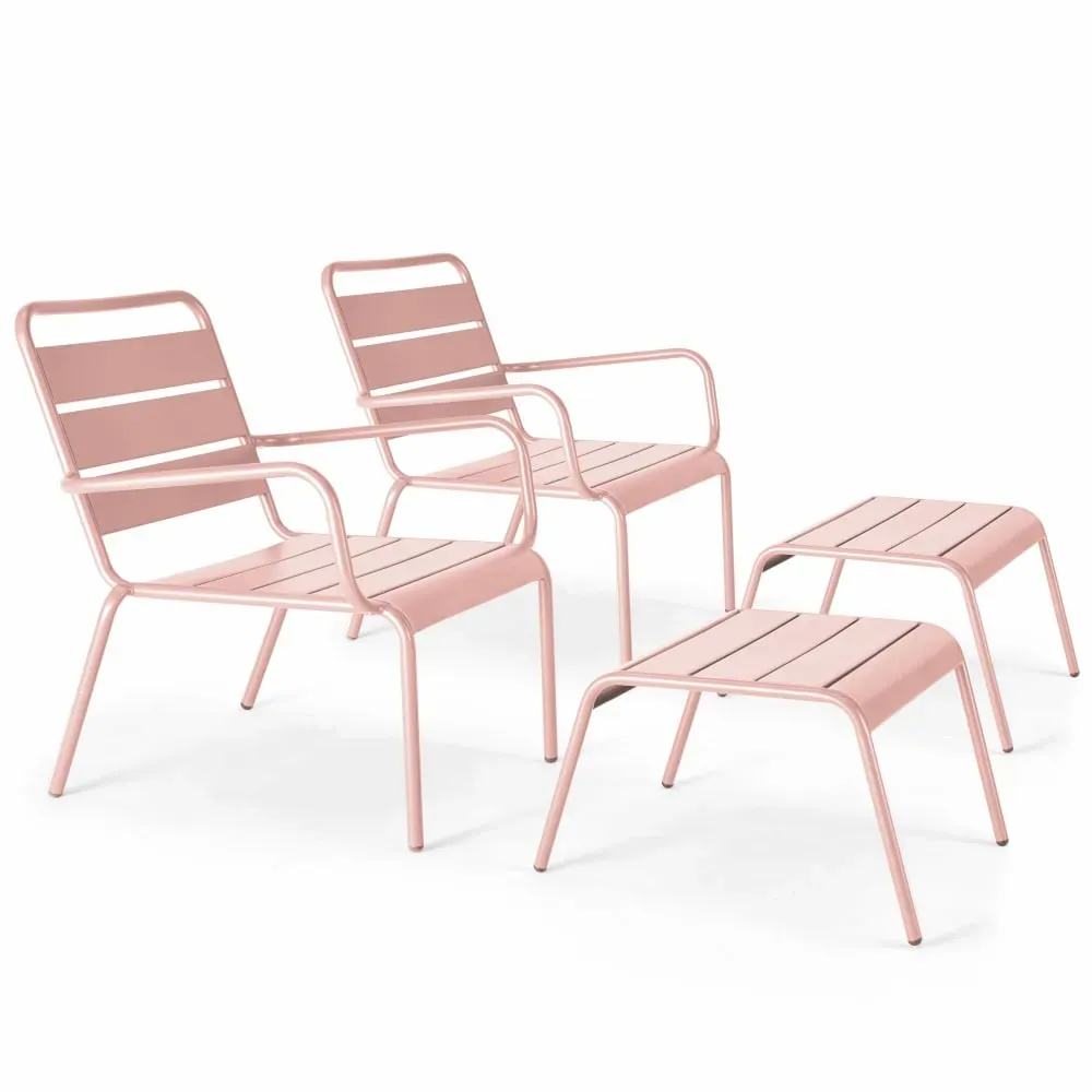 Lot de 2 fauteuils relax avec repose-pieds en métal Rose poudré