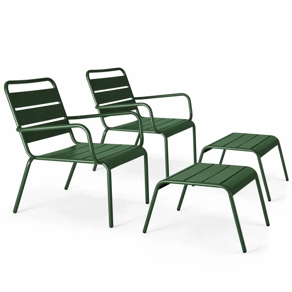 Lot de 2 fauteuils relax avec repose-pieds en métal Vert forêt