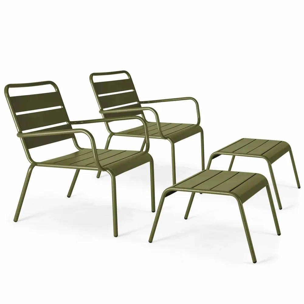 Lot de 2 fauteuils relax avec repose-pieds en métal Vert Kaki