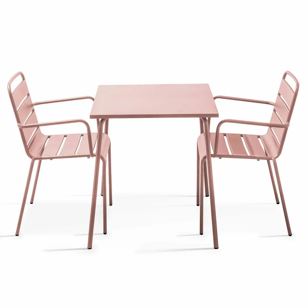Ensemble table de jardin carrée et 2 fauteuils acier Rose poudré