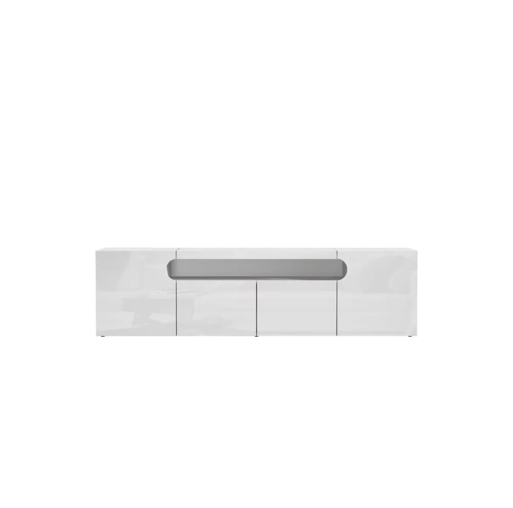 Meuble tv 4 portes 1 niche 200 cm effet bois blanc brillant