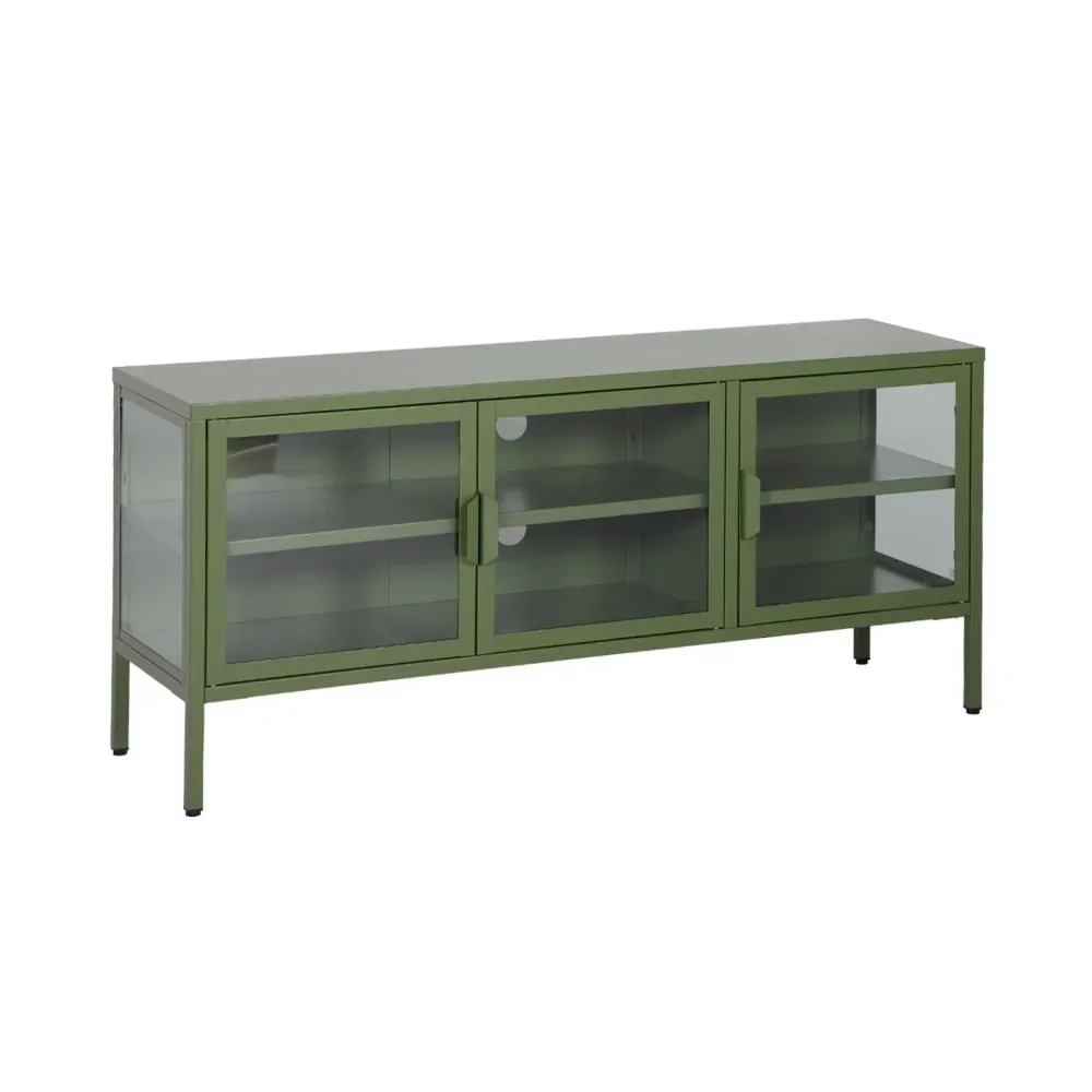 Meuble tv industriel métal et verre trempé 3 portes 120cm vert