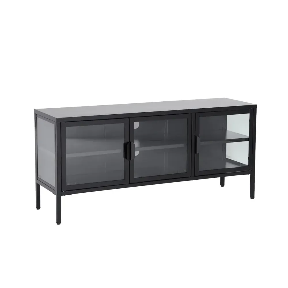 Meuble tv industriel métal et verre trempé 3 portes 120cm noir