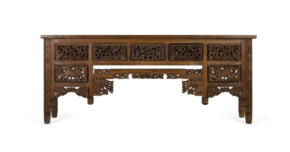 Console en bois de teck avec 5 tiroirs et pieds sculptés à la main