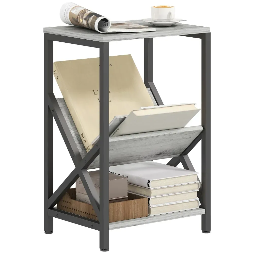 Table d'appoint 3 niveaux porte-revues en V cadre en acier gris
